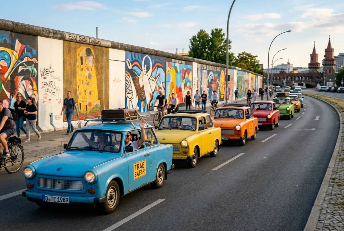 Bunte Trabant-Kolonne fährt für eine alternative Stadtrundfahrt an der East Side Gallery in Berlin vorbei, Reisende winken aus den offenen Fenstern, Nachmittagslicht