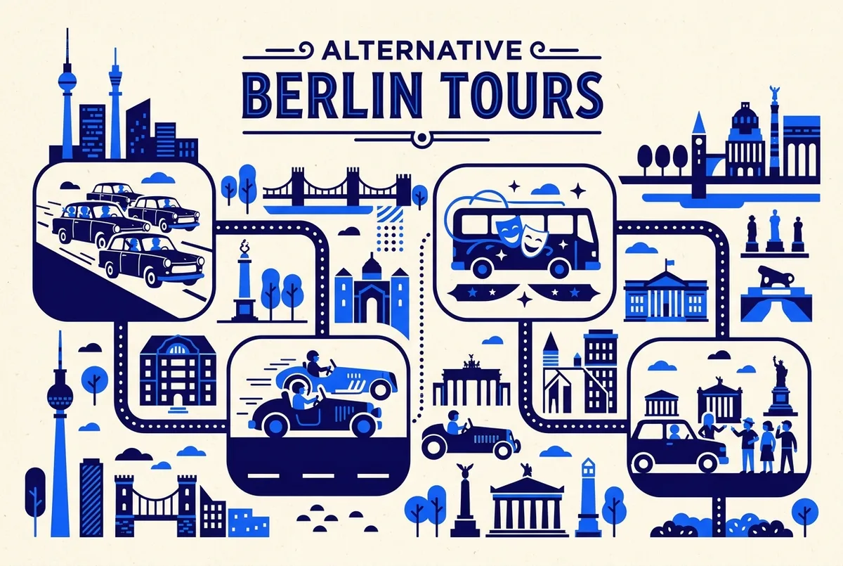 Flache Infografik mit Icon-Reihe für alternative Berlin Stadtrundfahrten: Trabi-Konvoi, Comedy-Bus, Hot-Rod-Auto und private Tour, generische Symbole, keine Preise oder Statistiken