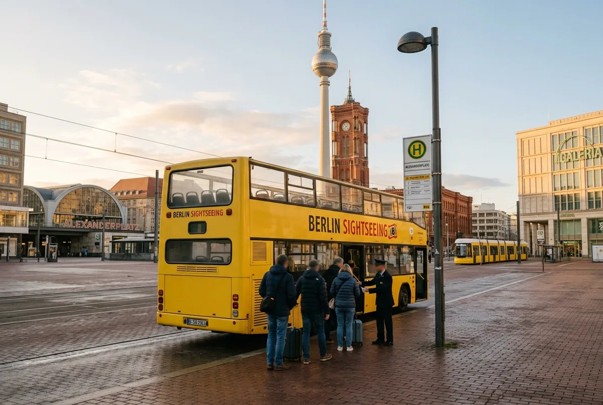 Tidlig morgen hop on hop off berlin timetable afgang ved en næsten tom Alexanderplatz station, blidt gyldent lys, få andre rejsende, Berlins TV-tårn i det fjerne