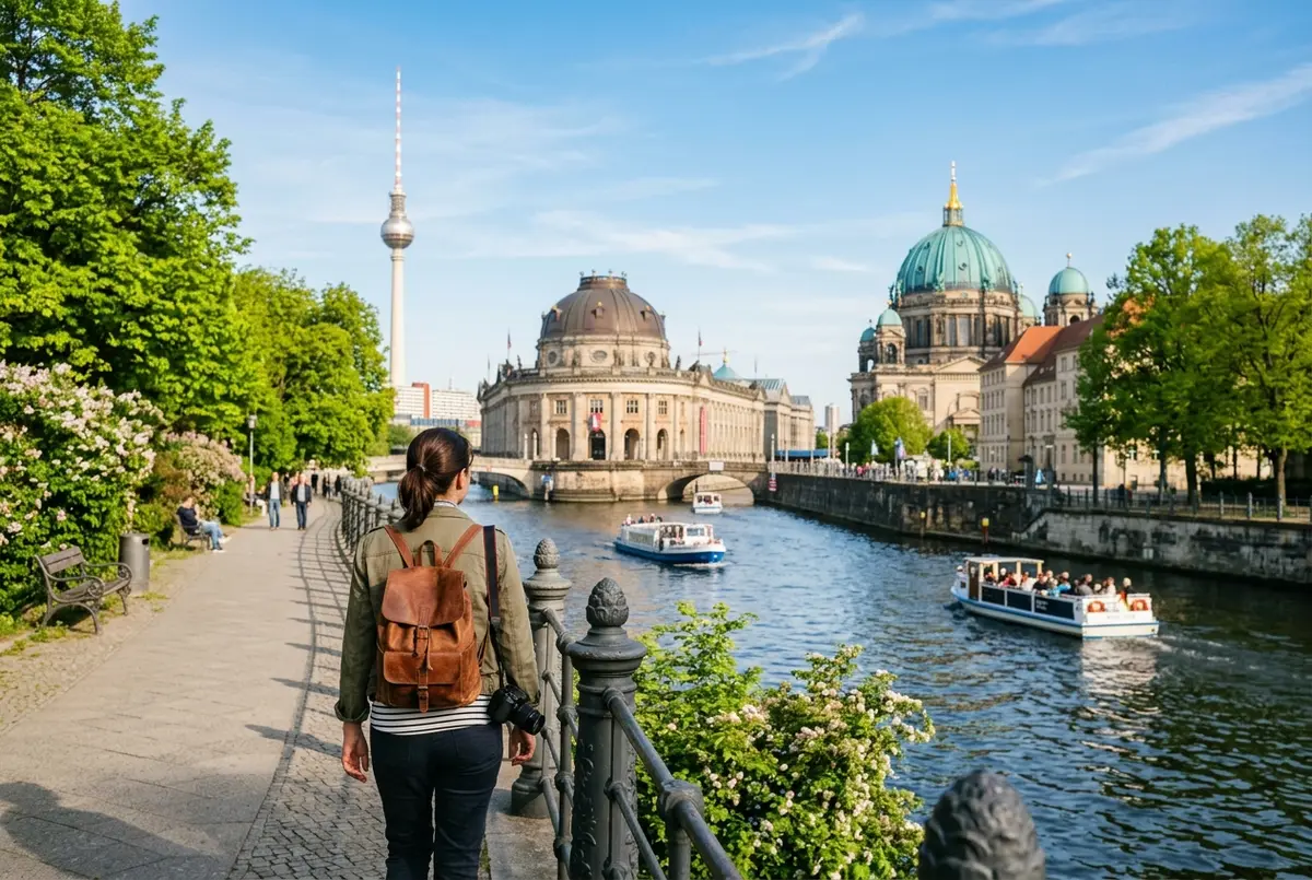 Traveler walking near the Spree river in berlin during late spring, best time to visit berlin weather with clear skies and fresh green trees, no text or statistics visible