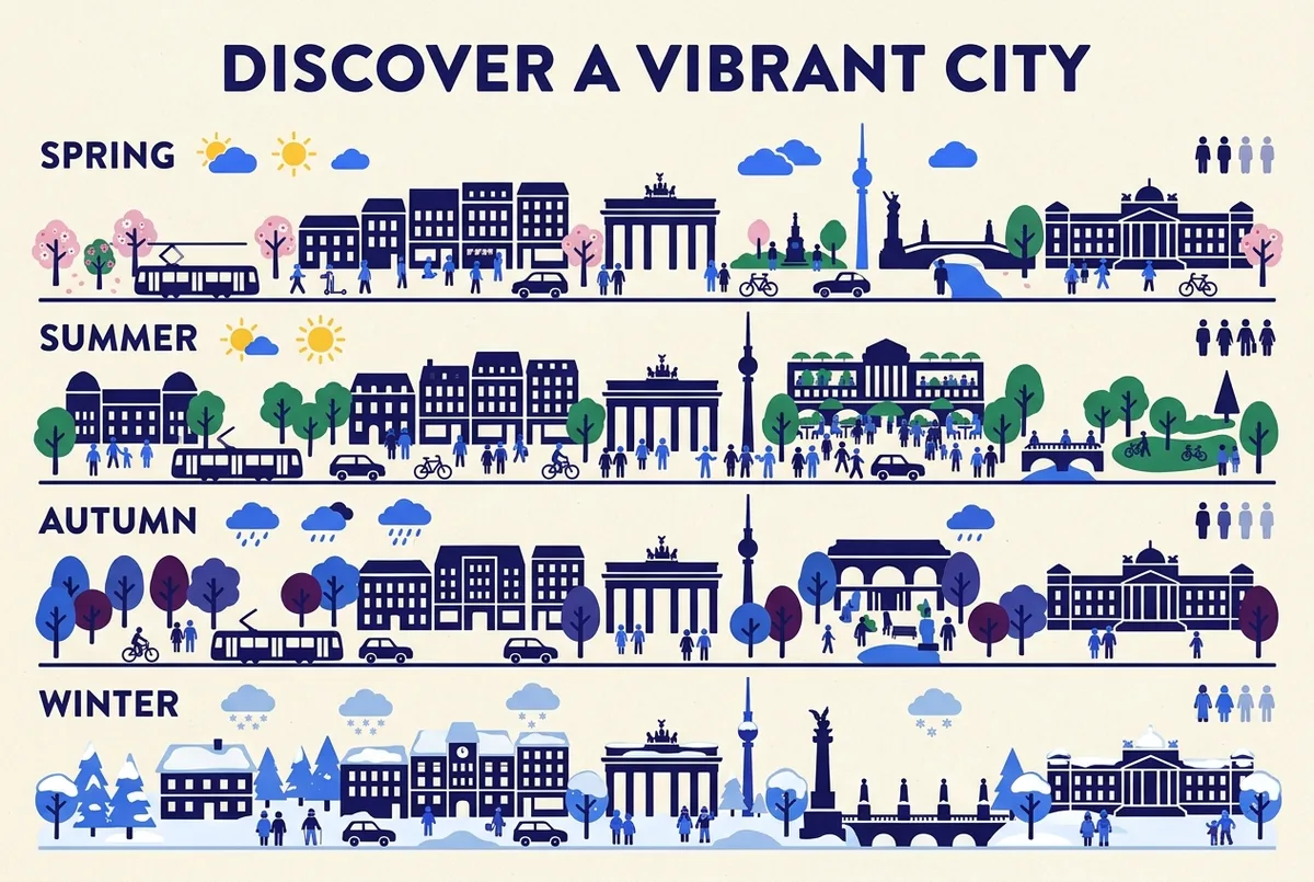 Flat-style infographic showing berlin weather and crowd levels across the four seasons, generic sun, cloud and snow icons by month, no prices or statistics