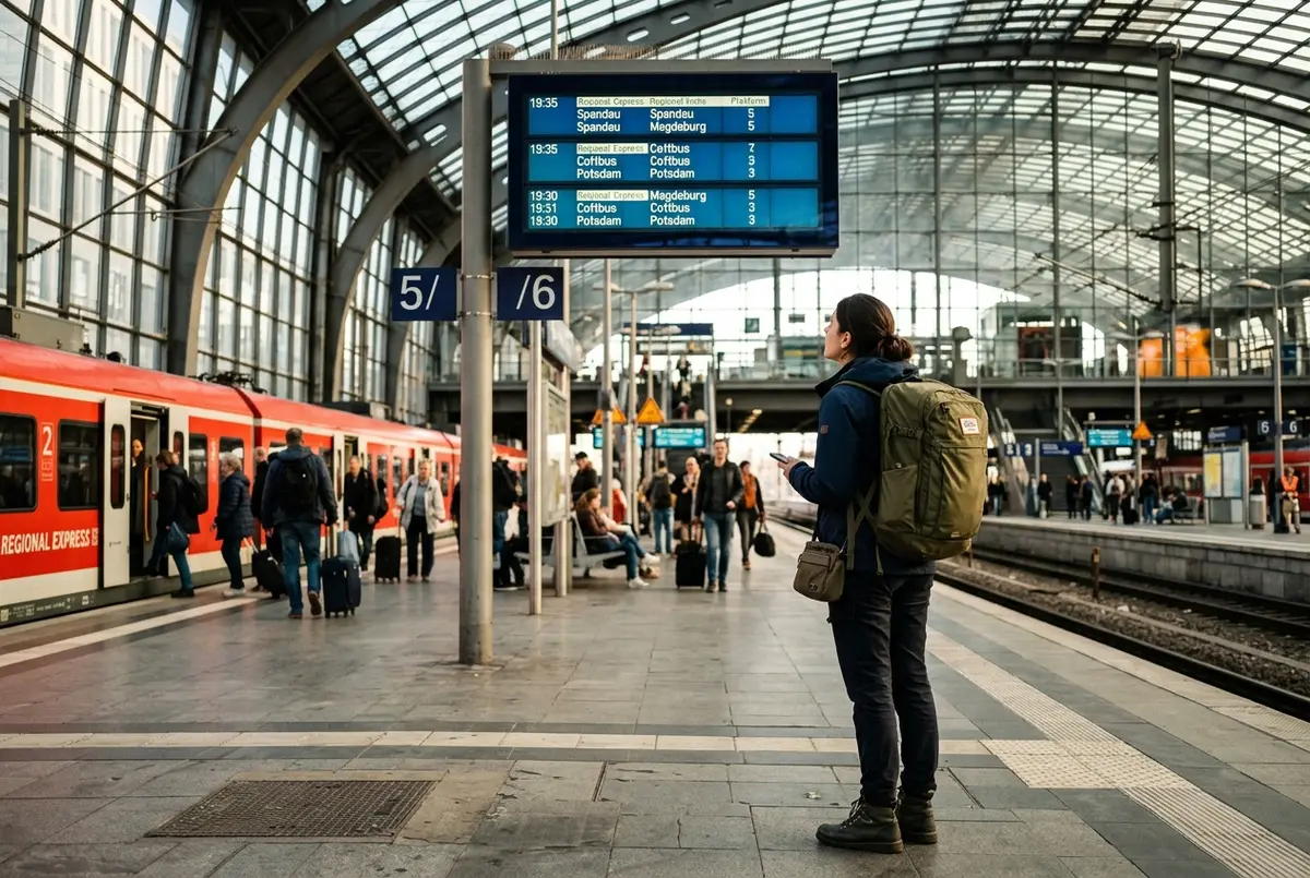 Viaggiatore che sale su un treno regionale alla stazione centrale di berlino per una gita da berlino verso potsdam, biglietto in mano, mattina presto con luce fredda
