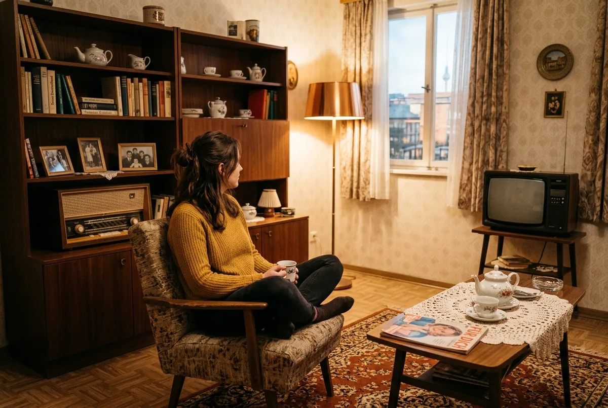 Visitor sitting inside a reconstructed East German apartment living room on a ddr museum berlin tour, warm interior lighting, period furniture, no text visible