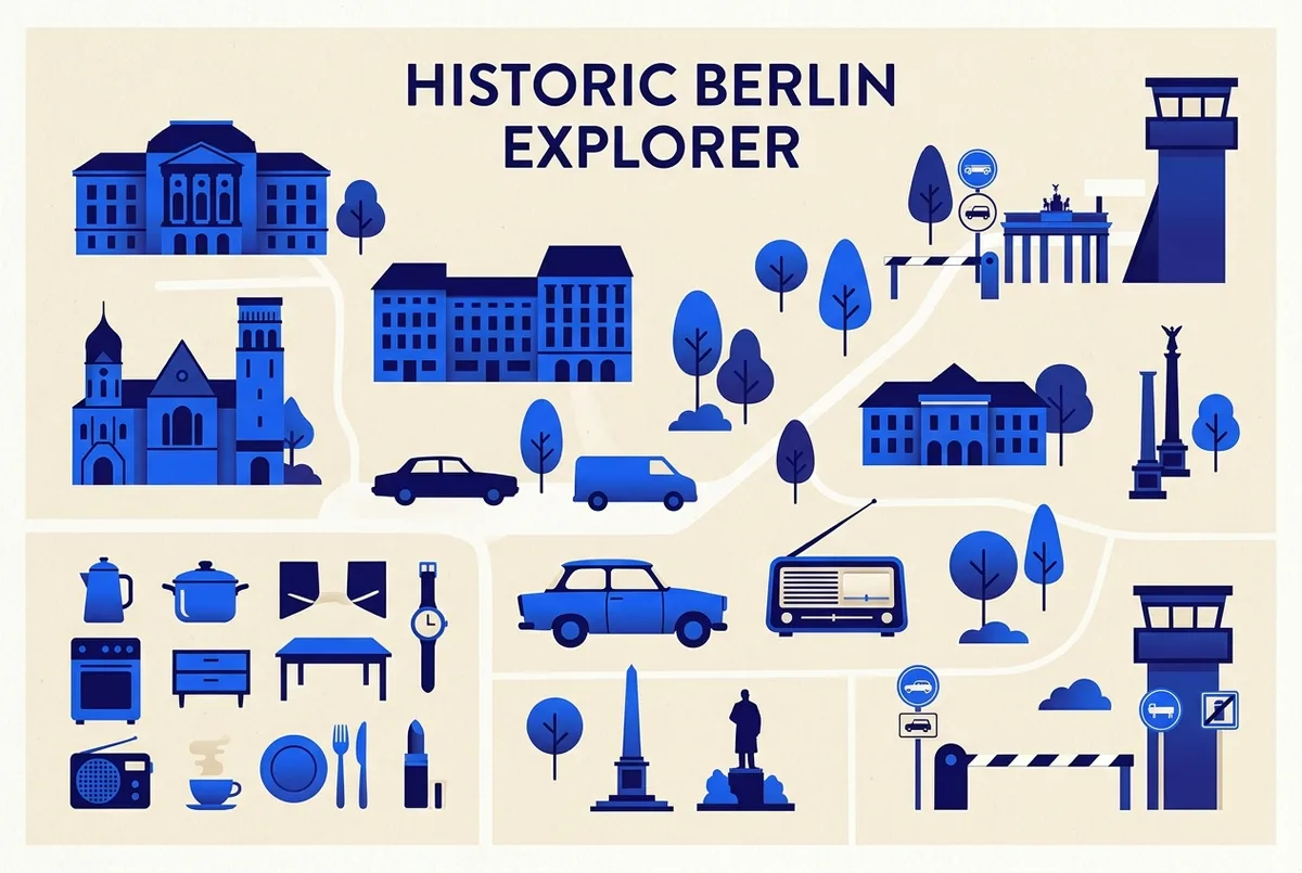 Flat-style infographic comparing everyday ddr museum berlin tour household objects, a trabant car icon and a period radio, against a cold war checkpoint icon, generic labels only, no statistics