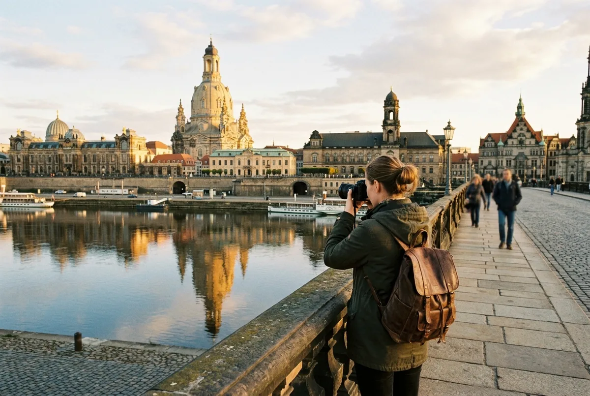 Traveler photographing the rebuilt Frauenkirche dome on a day trip to dresden from berlin, golden afternoon light, Baroque skyline reflected in the Elbe river, no text or statistics visible