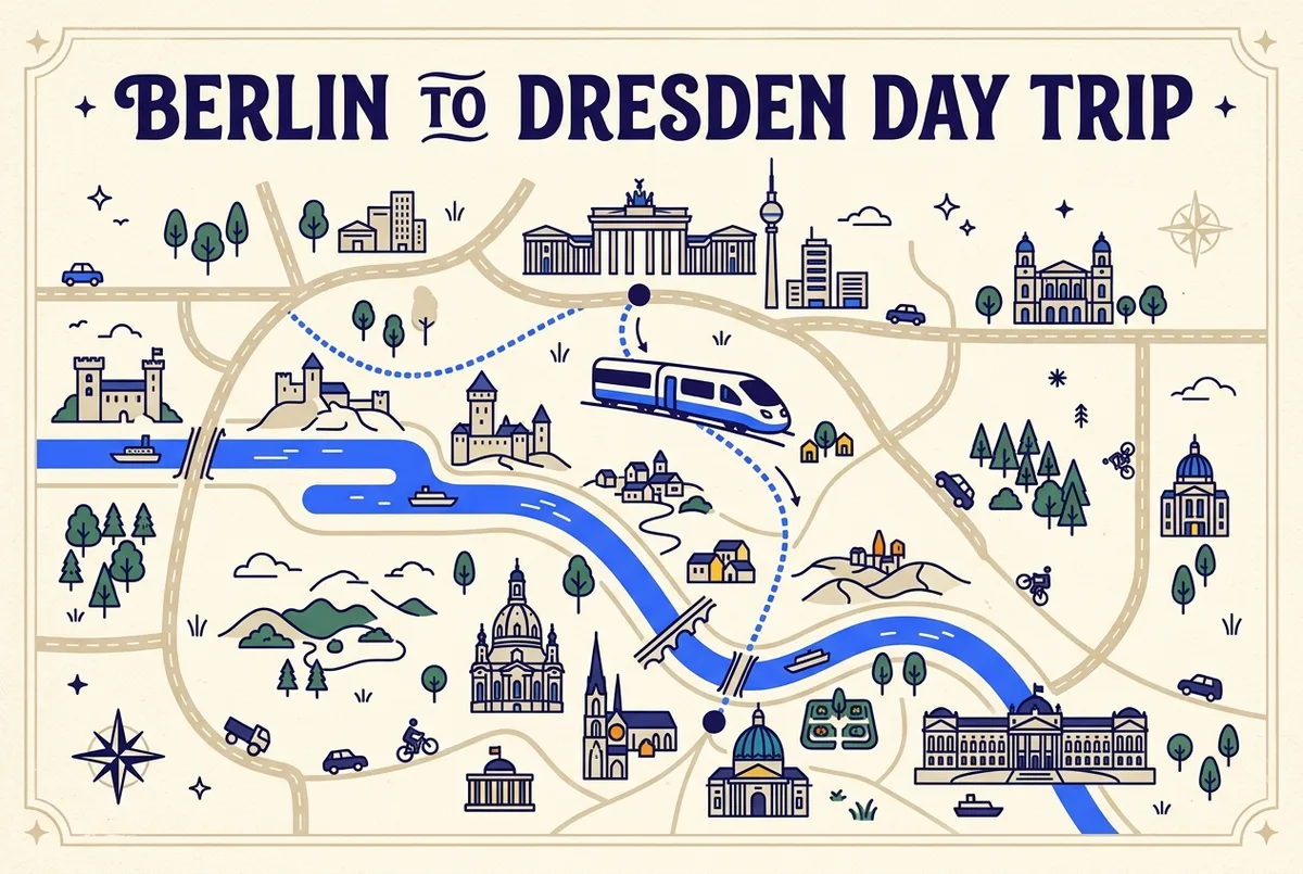 Flat-style map illustration of the direct train route for a day trip to dresden from berlin, generic train and landmark icons along the Elbe river, no prices or statistics