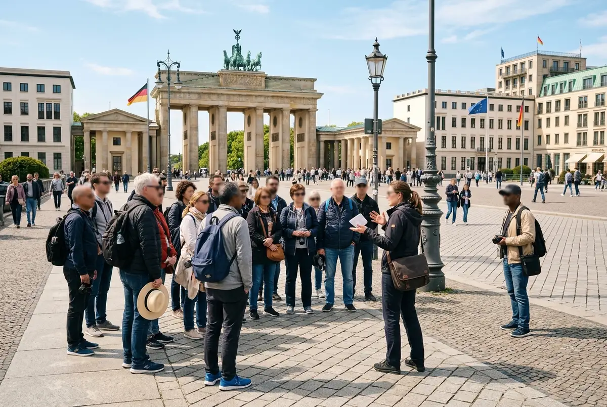 Guide leading a free walking tour berlin group through a historic square near the Brandenburg Gate, mixed group of travelers listening, bright midday light