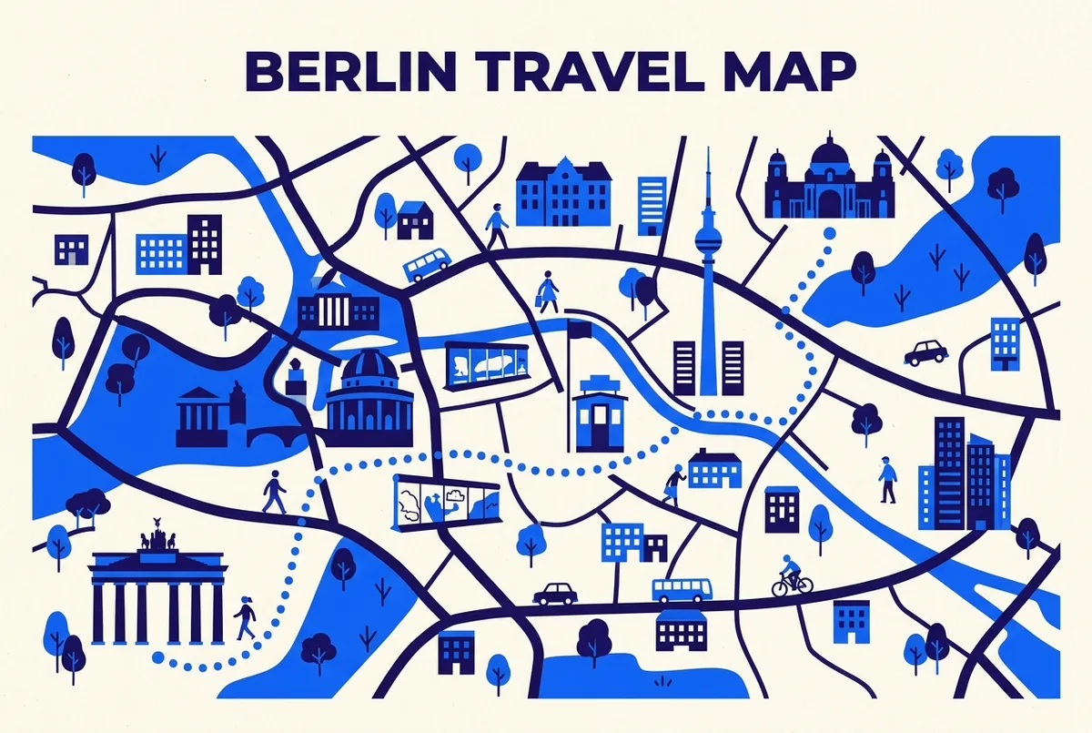 Flat-style map illustration of central Berlin landmarks covered on a standard free walking tour berlin route, generic icons for the Brandenburg Gate, Museum Island and Checkpoint Charlie, no prices or statistics