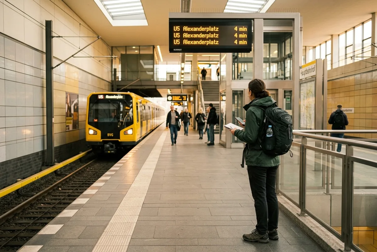 Viaggiatore che consulta una mappa della rete U-Bahn e S-Bahn sulla banchina animata di una stazione della metropolitana berlinese al tramonto, atmosfera come spostarsi a Berlino