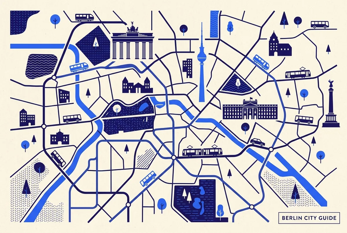 Mappa infografica piatta della rete U-Bahn e S-Bahn del centro di Berlino con icone generiche di bus turistico, taxi e pedone, senza testo di prezzo, che illustra come spostarsi a Berlino