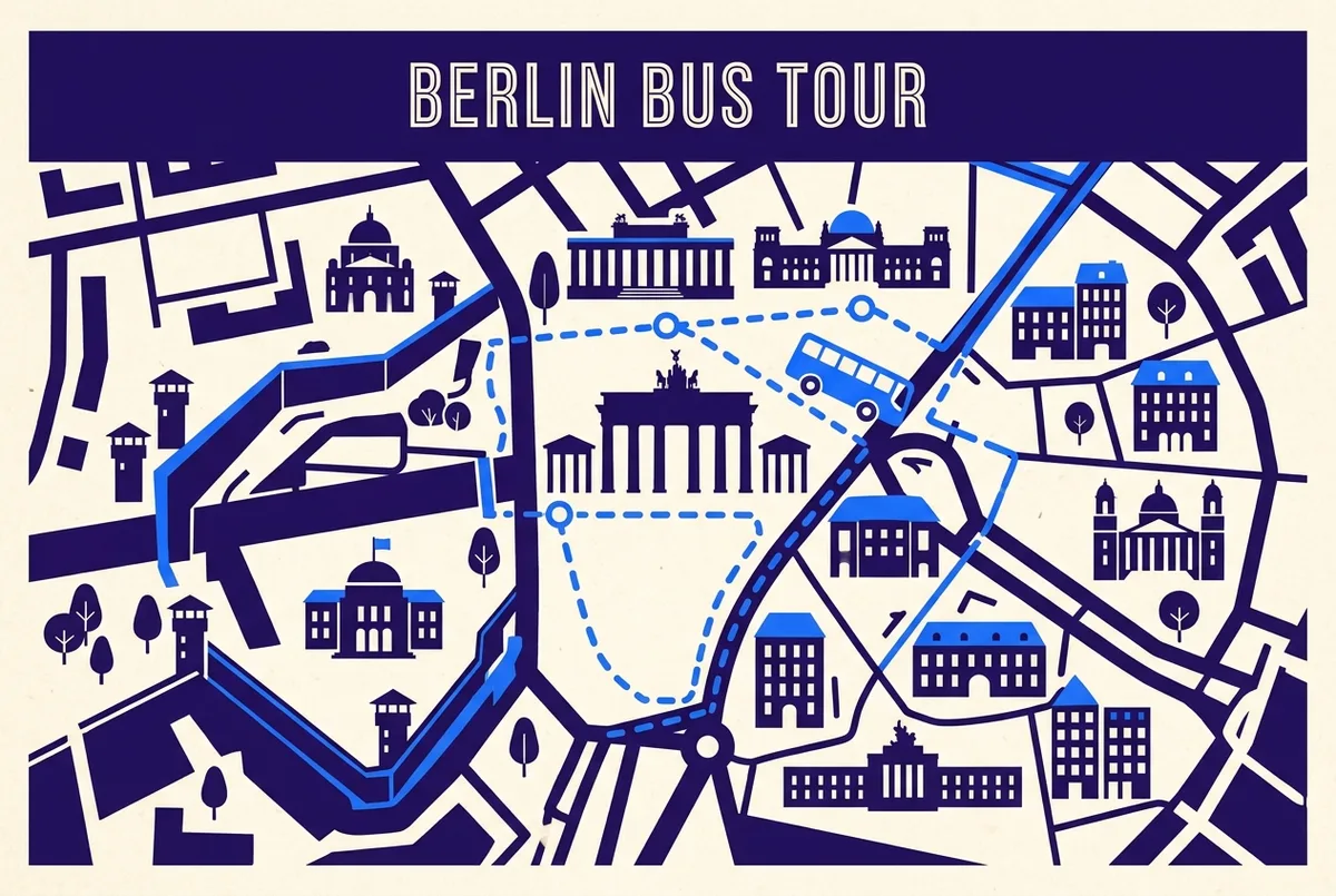 Simple map style illustration of central Berlin marking the main hop on hop off bus stops near the Brandenburg Gate and the Berlin Wall