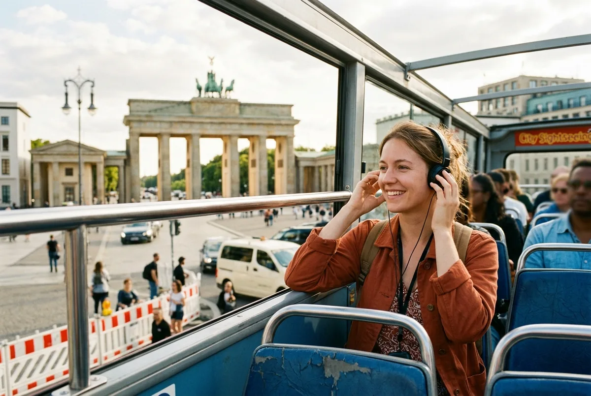 Turystka słuchająca audioprzewodnika przez słuchawki na górnym, odkrytym piętrze autobusu Hop-On Hop-Off w Berlinie, uśmiechnięta, Brama Brandenburska widoczna za oknem, popołudniowe światło