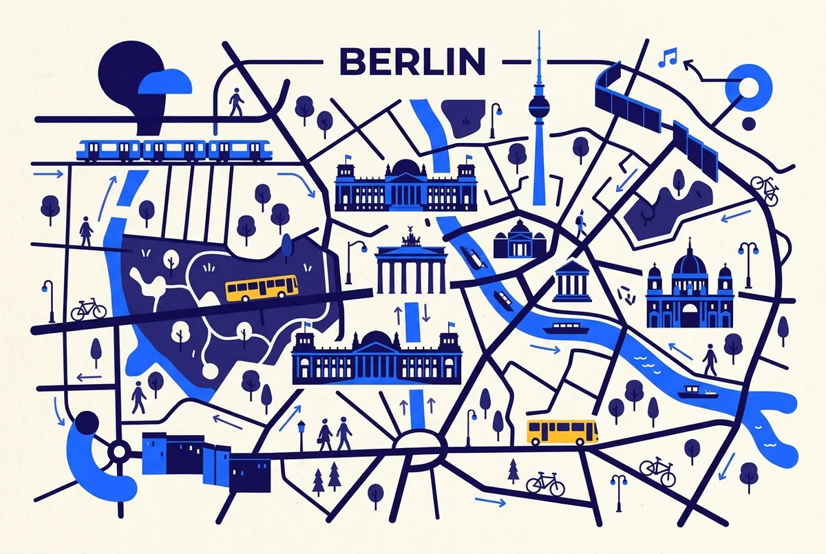 illustrated map of Berlin highlights for Zwiedzanie Berlina z polskim komentarzem: przewodnik czy audioprzewodnik, zwiedzanie berlina z polskim przewodnikiem