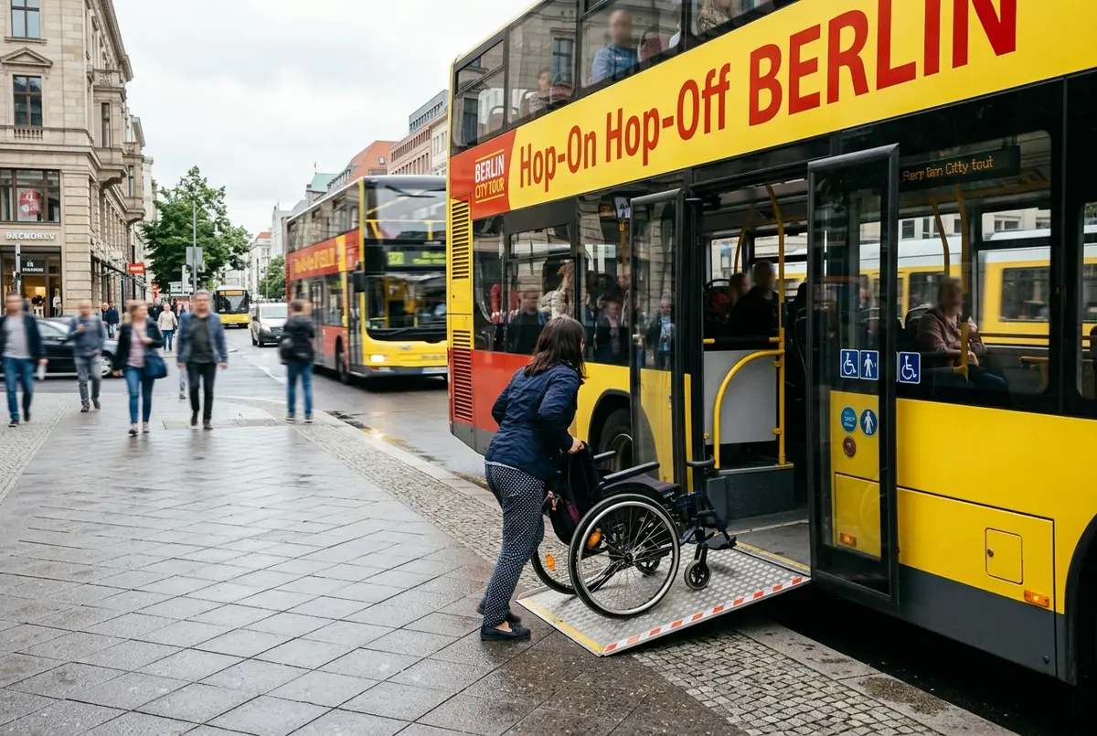 Tekerlekli sandalye kullanan bir yolcunun bir hop on hop off berlin otobüsüne rampa üzerinden bindiği, görevlinin yardım ettiği an, öğleden sonra ışığı, arka planda Brandenburg Kapısı