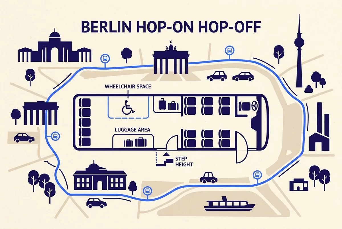 Simple infographic showing a berlin hop on hop off bus wheelchair accessible lower deck layout with the wheelchair space, luggage area and step height labelled generically, flat illustration style, no prices or statistics