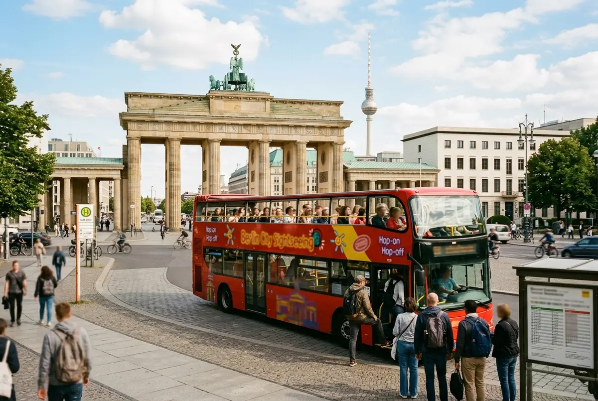 Åben dobbeltdækkerbus med hop on hop off berlin route passerer Brandenburger Tor i sen formiddagslys, rejsende stiger på ved et stoppested, Berlins skyline i baggrunden