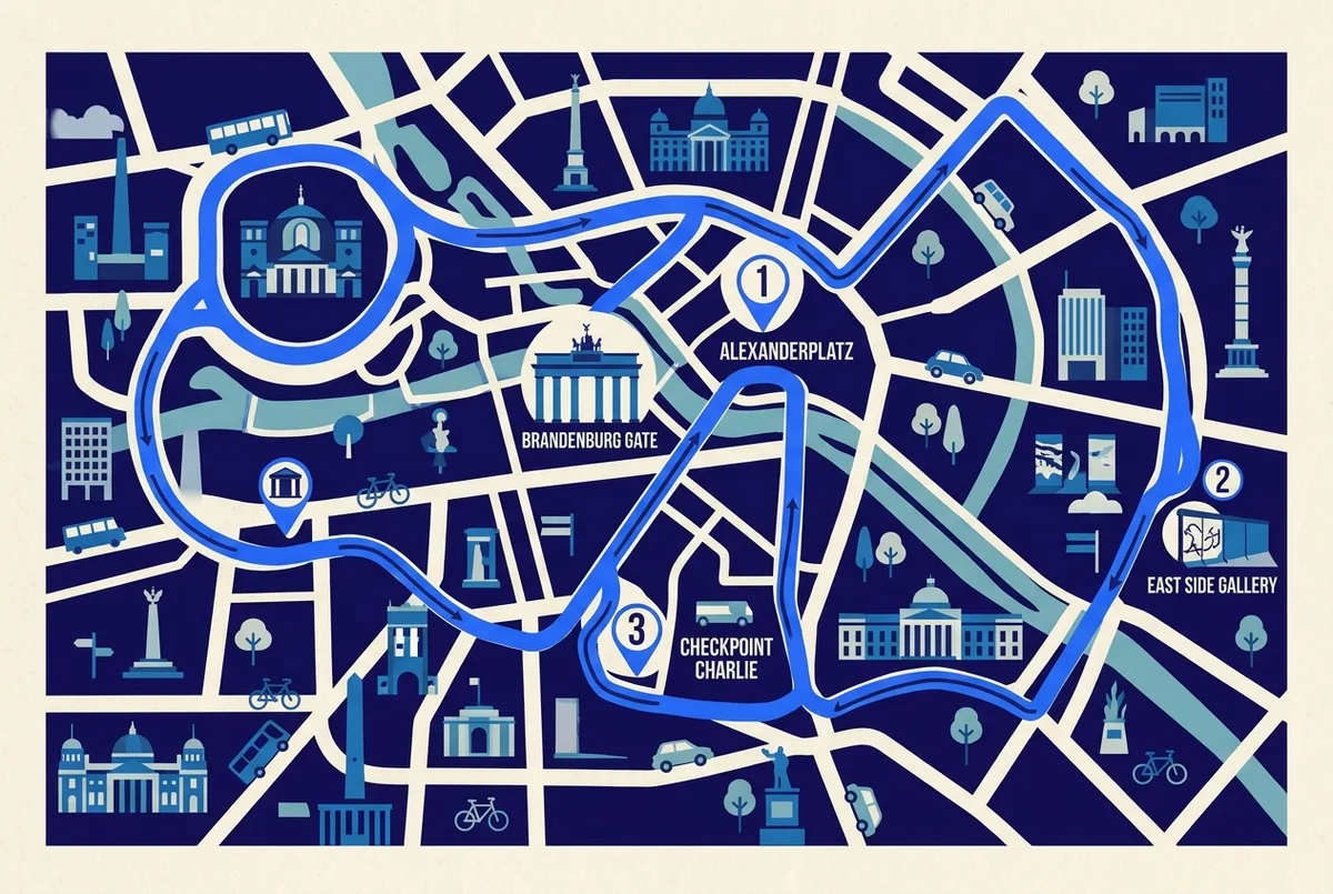 Flat-style infographic map of a looped Berlin hop-on hop-off bus route with numbered stop icons at Alexanderplatz, Brandenburg Gate, Checkpoint Charlie and East Side Gallery, generic labels only, no prices or statistics