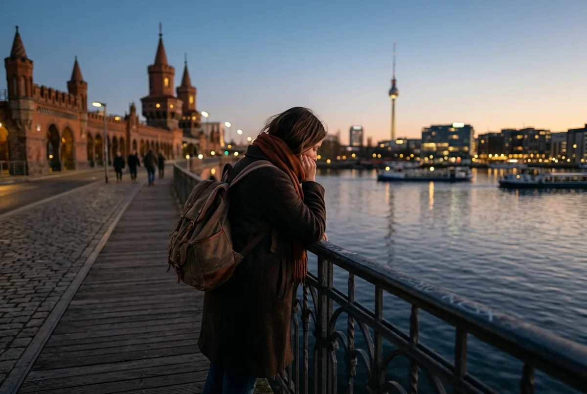 Traveler pausing on a quiet berlin bridge over the Spree at dusk, weighing whether berlin is worth visiting, soft golden light, contemplative mood, no text visible