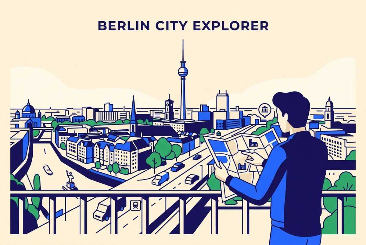 Tourist checking a paper map against the Fernsehturm skyline on a sunny afternoon in berlin, candid travel mood, wide city shot, no text or statistics visible