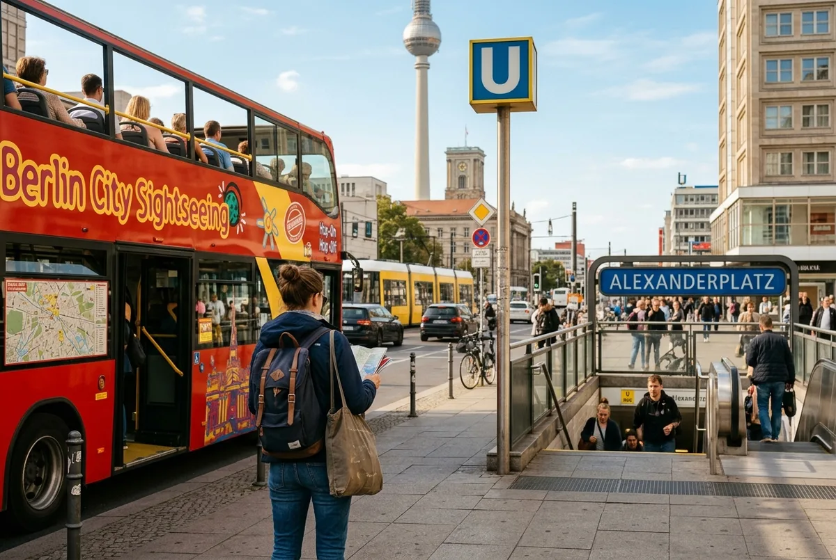 Traveler weighing a decision on an open-top hop-on hop-off bus upper deck versus a Berlin U-Bahn station entrance, side by side framing, midday light