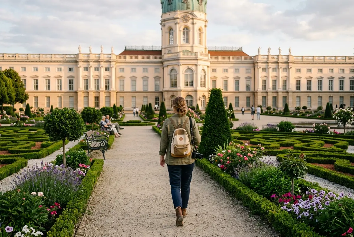 Turystka idąca przez formalne ogrody pałacu Charlottenburg w Berlinie, barokowa fasada pałacu w tle, pałac charlottenburg zwiedzanie, miękkie popołudniowe światło