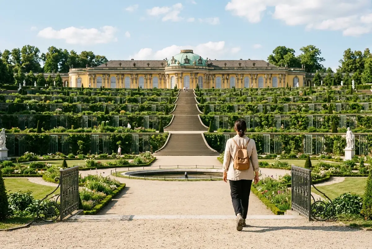 Traveler walking the terraced gardens in front of Sanssouci Palace on a berlin to potsdam day trip, bright afternoon light, symmetrical garden paths, no text visible