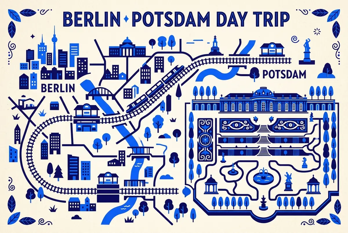 Flat-style map illustration of the berlin to potsdam day trip train route and the Sanssouci Palace garden layout, generic train and palace icons, no prices or statistics