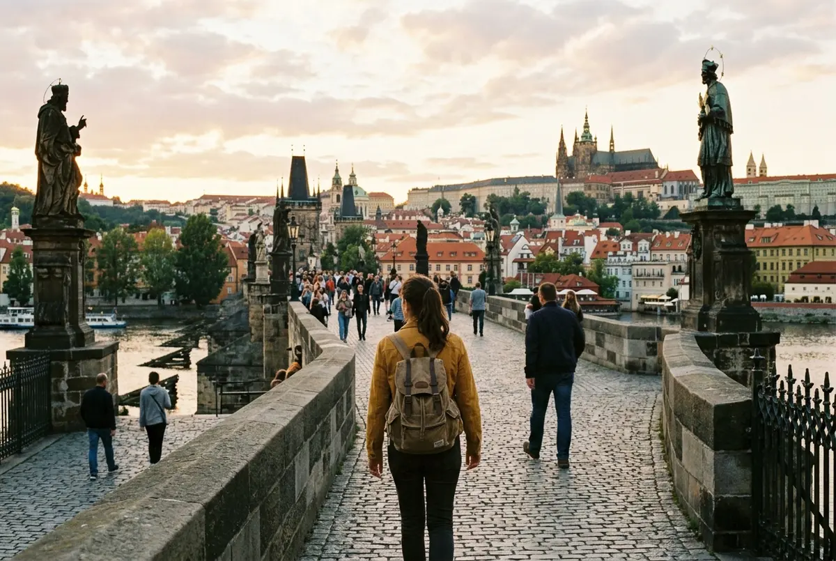Traveler crossing the Charles Bridge in Prague on a berlin prague trip, Prague Castle visible across the Vltava river in soft afternoon light, no text or statistics visible