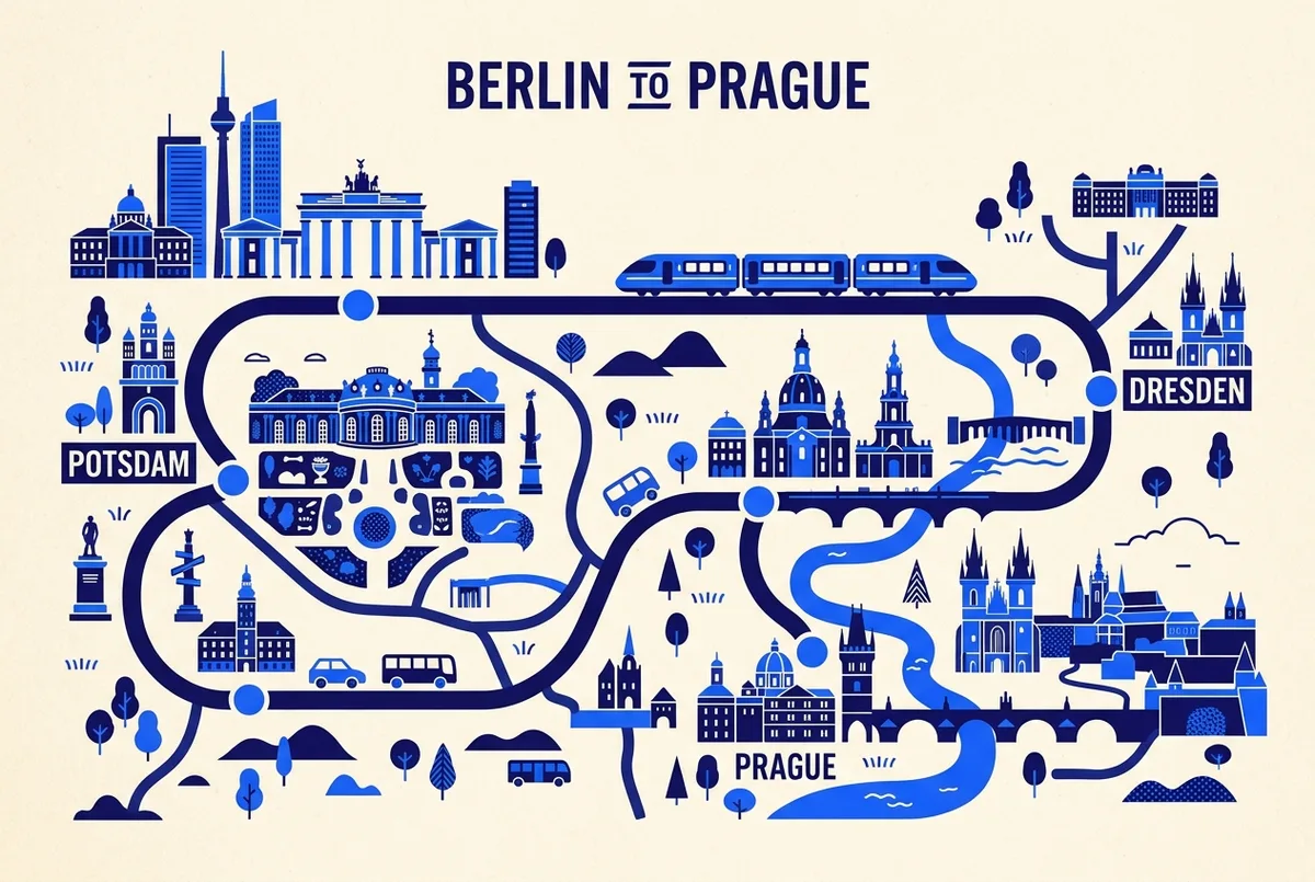Flat-style map illustration showing the Berlin to Prague travel route with Potsdam and Dresden marked along the way, generic train and city icons, no prices or statistics