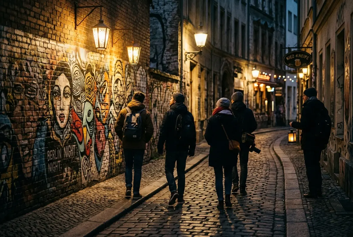 Small group of travelers on a specialty tours in berlin night walk through a dimly lit cobblestone alley near a street art mural, lanterns glowing, moody evening atmosphere