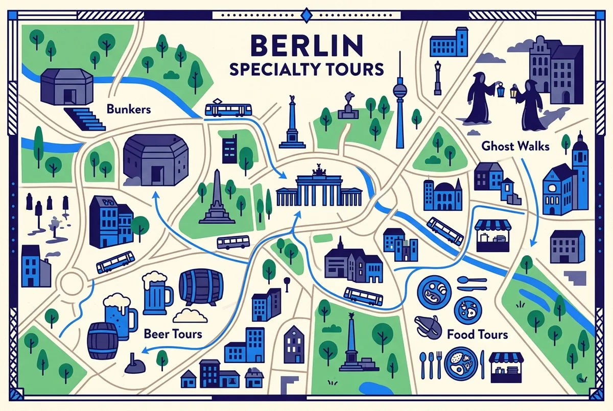 Flat-style map illustration of Berlin neighborhoods highlighting specialty tours in berlin categories with generic icons for bunkers, ghost walks, beer and food tours, no prices or statistics