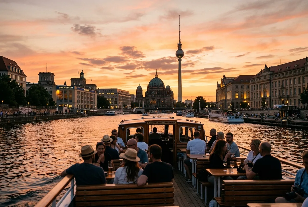 Sunset boat cruise on the Spree river with Berlin's skyline glowing orange at dusk, calm water, romantic evening mood, no text or statistics visible