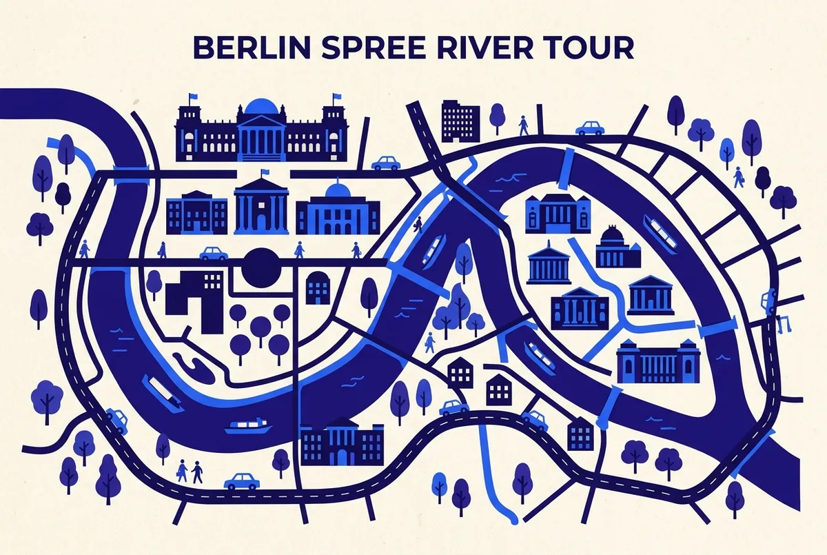 Map-style illustration showing the Spree river route past Berlin's government district and Museum Island lit at dusk, flat icon style, no prices or text visible
