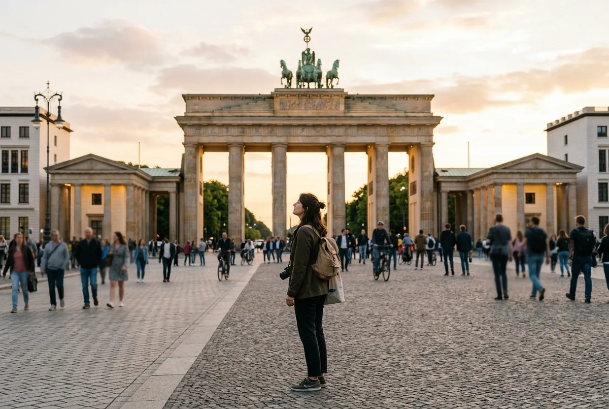 Traveler standing in front of the Brandenburg Gate at golden hour, one of the top berlin germany tourist places, wide plaza, soft warm light, no text or statistics visible