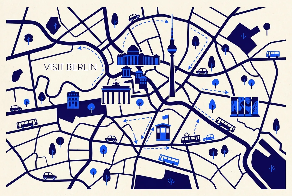 Flat-style map illustration marking the Brandenburg Gate, Museum Island, TV Tower, Checkpoint Charlie and East Side Gallery across central Berlin, generic landmark icons and route lines, no prices or statistics