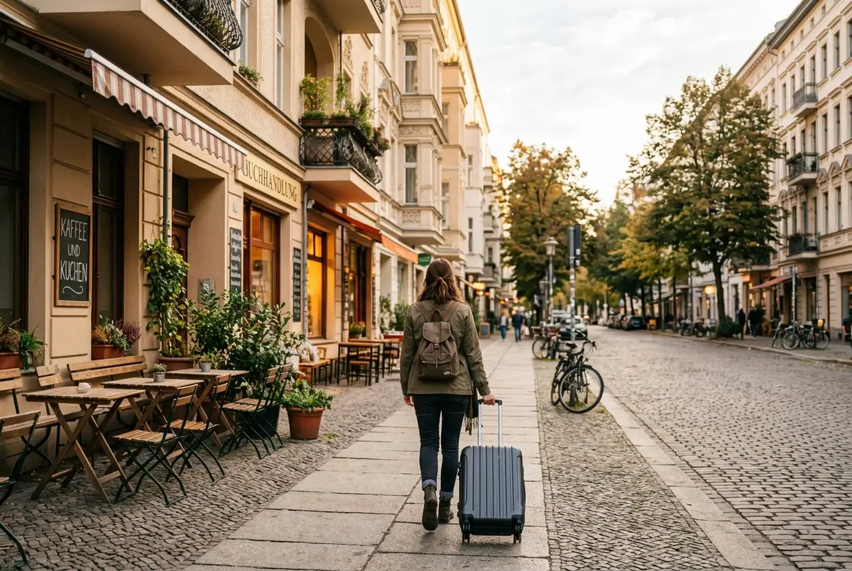 Traveler wheeling a suitcase down a quiet berlin street lined with cafes, soft morning light, practical arrival mood, no text or statistics visible