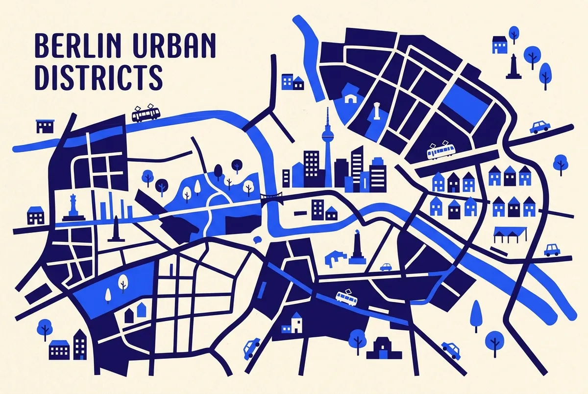 Flat-style map illustration marking berlin neighborhoods Mitte, Kreuzberg, Prenzlauer Berg and Charlottenburg with simple icons, no text or statistics visible