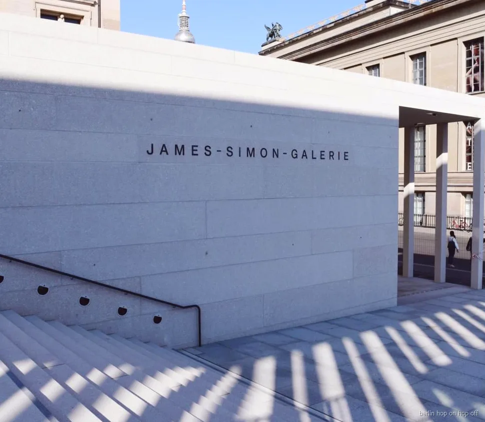 James-Simon-Galerie entrance on Museum Island, with the Berlin WelcomeCard and hop-on hop-off bus